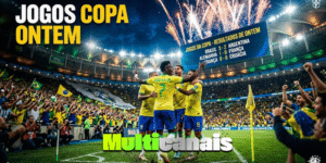 Banner promocional ultra realista de futebol brasileiro, estádio lotado à noite com iluminação intensa, torcida vibrando, jogadores comemorando um gol decisivo, telão exibindo resultados dos jogos da copa, atmosfera eletrizante, fogos de artifício, gramado perfeito, energia esportiva, estilo publicidade premium, composição moderna para site esportivo, cores vibrantes, foco em emoção e entretenimento, qualidade fotográfica 8K, realismo extremo, depth of field, cinematic lighting, espaço para título "Jogos Copa Ontem", design profissional de marketing digital.