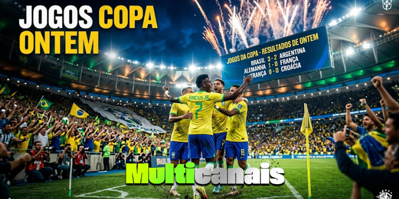 Banner promocional ultra realista de futebol brasileiro, estádio lotado à noite com iluminação intensa, torcida vibrando, jogadores comemorando um gol decisivo, telão exibindo resultados dos jogos da copa, atmosfera eletrizante, fogos de artifício, gramado perfeito, energia esportiva, estilo publicidade premium, composição moderna para site esportivo, cores vibrantes, foco em emoção e entretenimento, qualidade fotográfica 8K, realismo extremo, depth of field, cinematic lighting, espaço para título "Jogos Copa Ontem", design profissional de marketing digital.